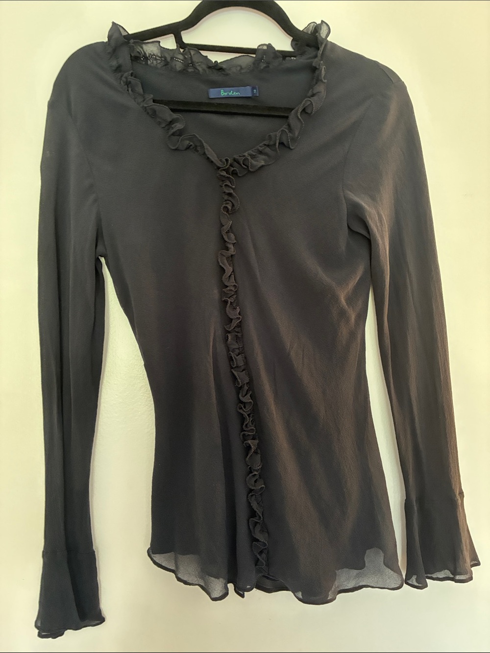 Boden Black Ruffle-Trim 100% Silk Sheer Long Flitter Sleeve Tee y2k